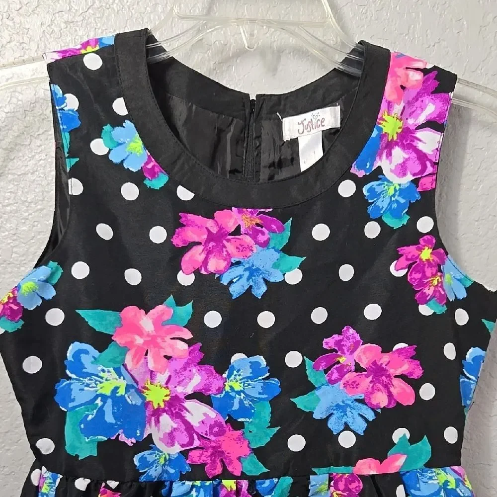 Justice Girls Floral Polka Dot Dress 12 Black Twirl Party Sundress Trendy Tween